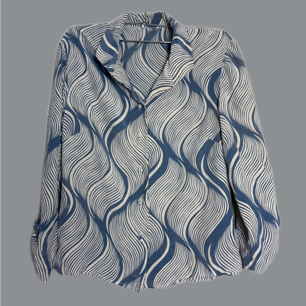 Vintage Retro Style Women Silky Top Shirt Blue Wave Size S
